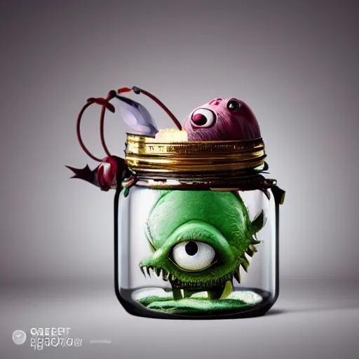 Image similar to cute monster in a jar by Greg Rutkowski, product photography, centered, studio lightning