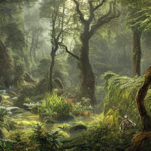 Prompt: a beautiful and highly detailed matte painting of a magical garden in a lush forest deep in an epic mountain range, intricate details, epic scale, insanely complex, 8 k, sharp focus, hyperrealism, by caspar friedrich,