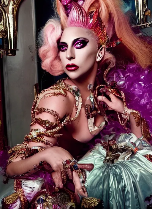 Image similar to lady gaga styled by david lachapelle posing in an expensive mansion setting , vogue magazine, Highly realistic. High resolution. Highly detailed. Dramatic. 8k.4k.