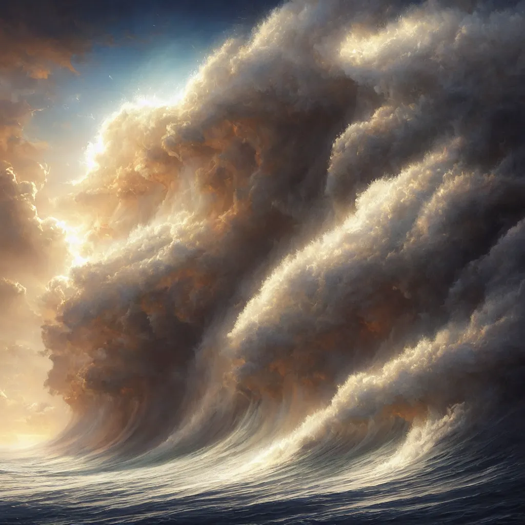 Image similar to a sending down [ of the revelation ] from him who created the earth and the lofty heavens, water wave, tornado, overdetailed art, by greg rutkowski, by rhads, sharp focus