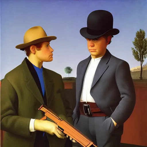 Prompt: a confused young-man weilds a gun by Raphael, Hopper, and Rene Magritte. detailed, romantic, enchanting, trending on artstation.