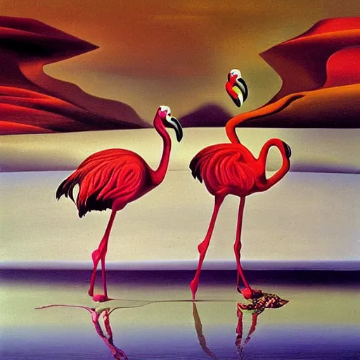 Image similar to Pair of dancing flamingos with a flying egg, oil painting by Salvador Dali.