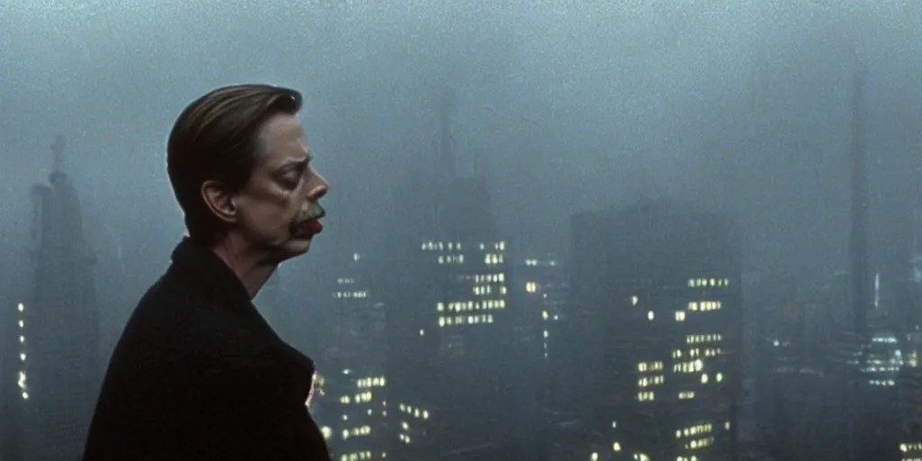 Image similar to beautiful cinematic film still of steve buscemi smoking a cigarette on a building top overlooking the rainy city in blade runner, 4 k