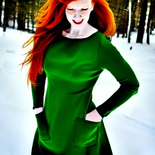 Image similar to redhead women in a green dress, with pockets, photorealistic, winter scenario