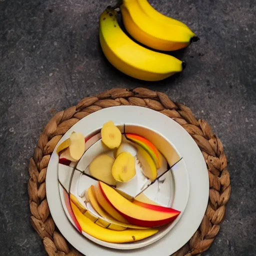 Image similar to beautiful photo of a sailing ship made from mango, bananas and apple pieces on a white plate, dslr