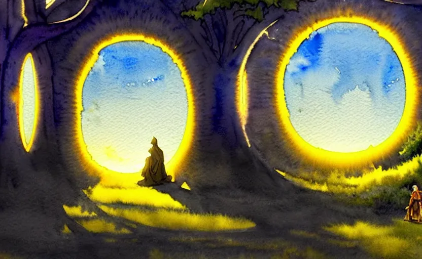 Image similar to a hyperrealist watercolor concept art of a bright blue sunny day. a dimensional portal in the shape of a tree arch is in the background and a medieval monk in grey robes is in the foreground. an orange sunset is seen through the portal. very muted colors, by rebecca guay, michael kaluta, charles vess. high detail, hq, wide shot, 4 k