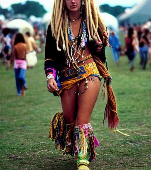 Image similar to portrait of a stunningly beautiful hippie woman with blonde dreadlocks walking in a music festival, by bruce davidson