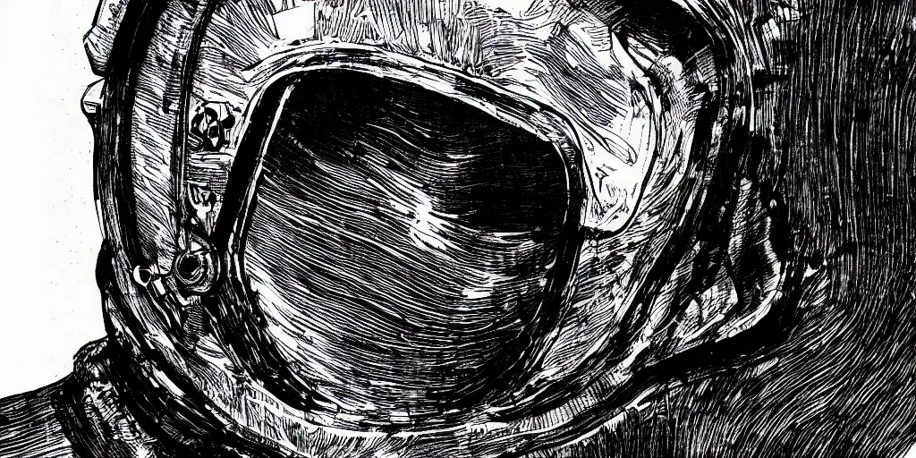 Prompt: ink lineart drawing portrait of a woman wearing a space helmet, closeup of her eyes, space background, artstation, etchings by goya, chinese brush pen, illustration, high contrast, deep black tones contour