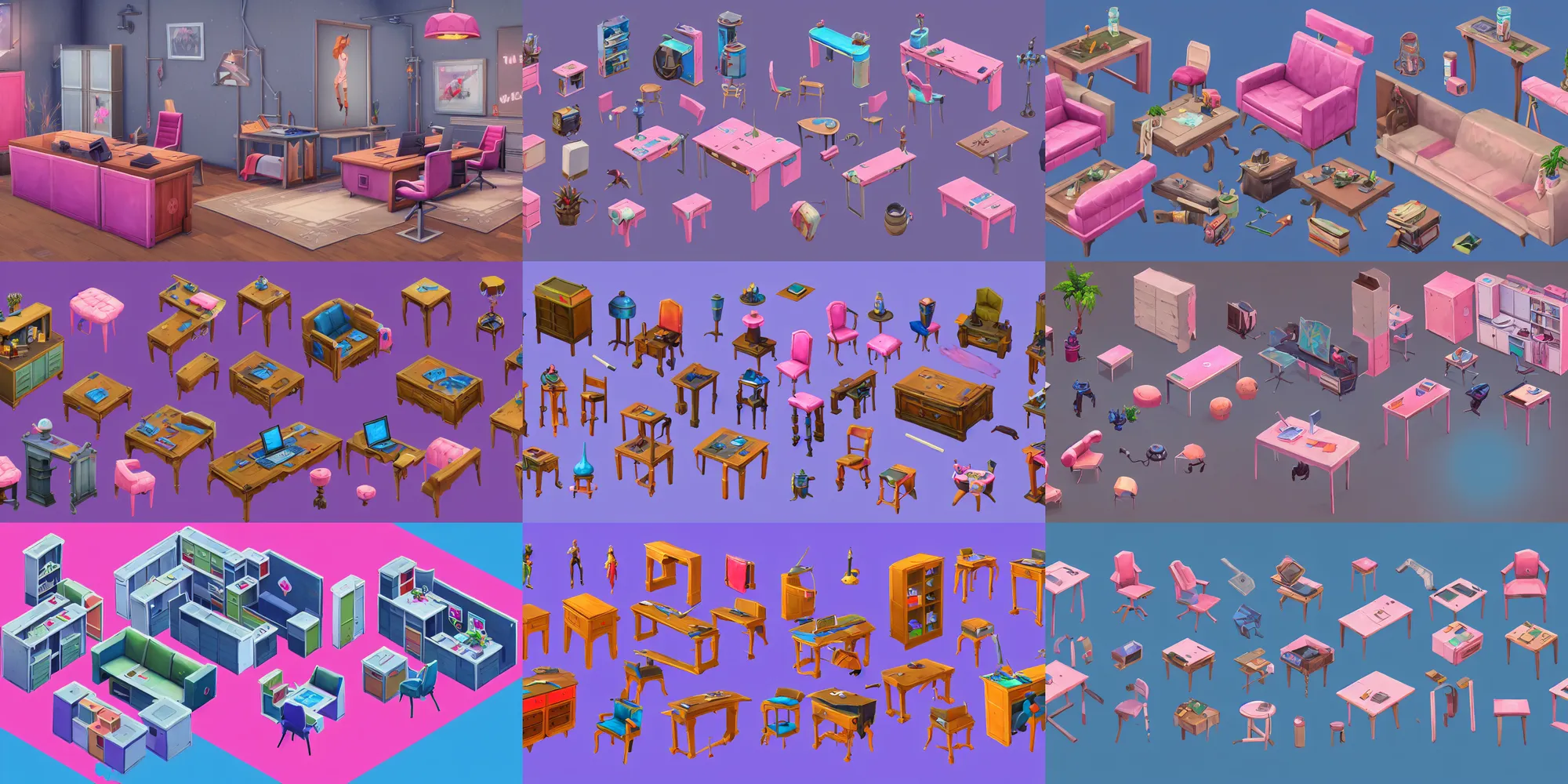 Prompt: game asset of the sims office furniture and decoration, in gouache detailed paintings, props, stylized, 2 d sprites, kitbash, arcane, overwatch, blue and pink color scheme, 8 k, close up