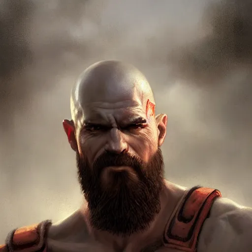 Image similar to kratos closeup portrait, dramatic light, lake background, 2 0 0 mm focal length, painted by stanley lau, painted by greg rutkowski, painted by stanley artgerm, digital art, trending on artstation