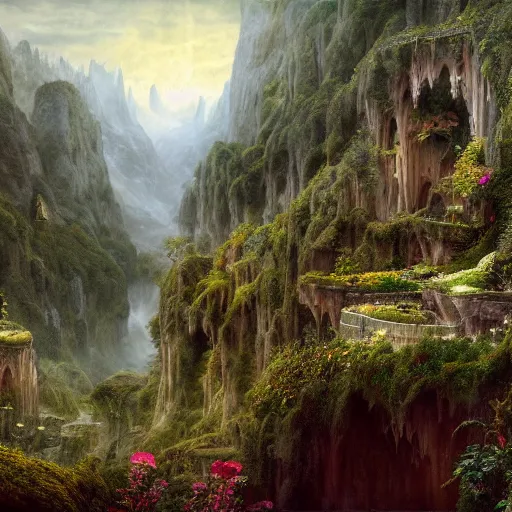 Image similar to a beautiful and highly detailed matte painting of a magical garden deep in the misty mountains, intricate details, epic scale, insanely complex, 8 k, sharp focus, hyperrealism, by caspar friedrich,