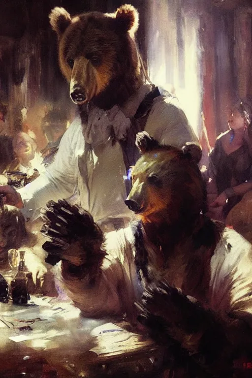 Image similar to portrait of bear gambling in the club by anders zorn, wonderful masterpiece by greg rutkowski, beautiful cinematic light, by greg manchess, jessica rossier