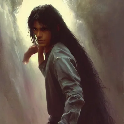 Image similar to a latino 1 5 year old boy with long black hair opens a dark portal to the void. dramatic. cinematic. detailed. sharp. photo realistic. realism. repin. phil hale. krenz cushart