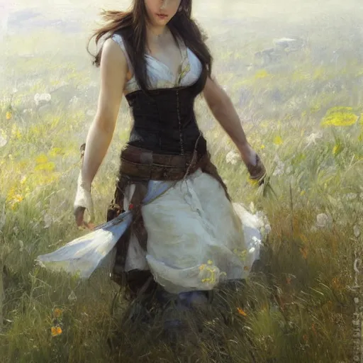 Prompt: Richard Schmid and Jeremy Lipking and antonio rotta, full length painting of Aerith from Final Fantasy