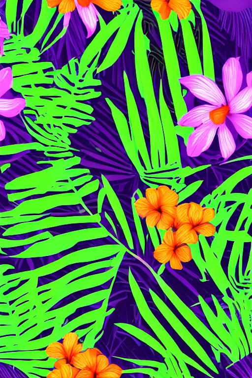 Prompt: sombre detailed vector illustration of photorealistic tropical flowers and green reeds, multiple cohesive colors ranging from warms purples to bright oranges on a ((very dark black background)), 4K resolution, trending on artstation, hd wallpaper