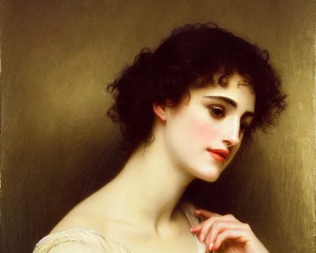 Image similar to portrait en buste of winona ryder kiera knightley in repose by Hughes Merle, by Pierre Auguste Cot, bouguereau, perfect detailed eyes, realistic fabric, abundant detail, dramatic pose