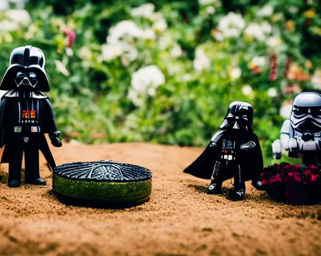 Image similar to 8 5 mm photography of darth vader playing with toys near a garden with sand with dof and bokeh and flowers