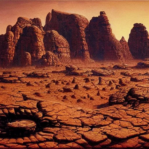 Image similar to steampunl landscape with rock fossils, wadi rum, filigree ornaments, beksinski