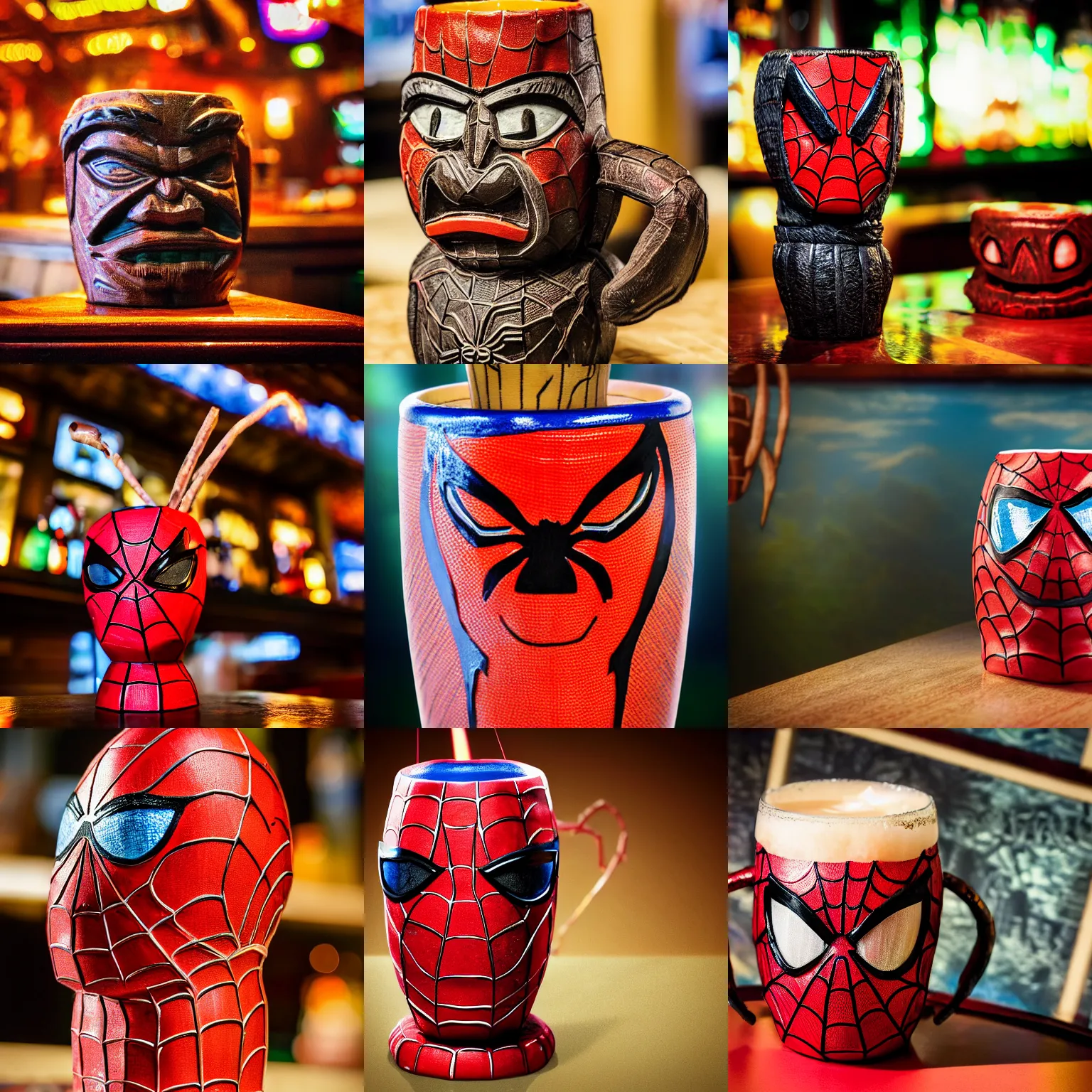 Image similar to a closeup photorealistic photograph of a spider man style tiki mug sitting at a trader vic's bar featuring spider man's face. tiki theme. bright scene. fine detail. this 4 k hd image is trending on artstation, featured on behance, well - rendered, extra crisp, features intricate detail, epic composition and the style of unreal engine.