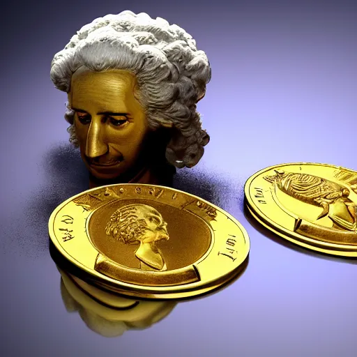 Image similar to a closeup photorealistic photograph of a happy George Washington inspecting small gold Doubloon coins at his home on Cherry Street. This 4K HD image is Trending on Artstation, featured on Behance, well-rendered, extra crisp, features intricate detail and the style of Unreal Engine.