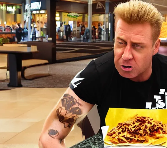 Image similar to duke nukem eating a burrito in a shopping mall