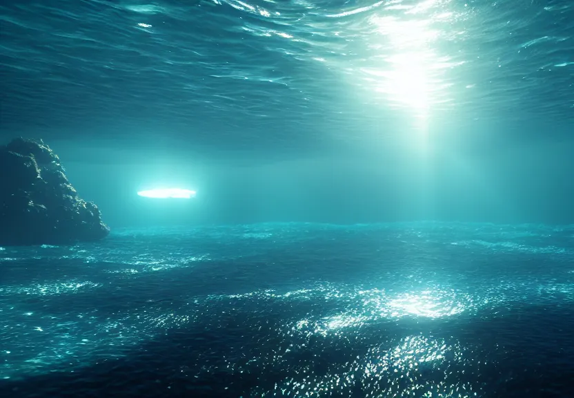 Image similar to ambient rays in the depths of the ocean, fish and corals barely visible, raytracing, unreal engine, nature, caustics, artstation