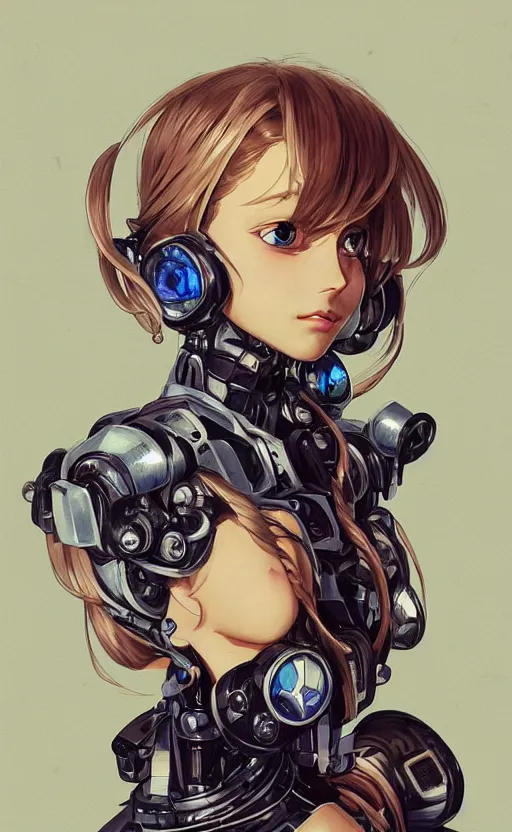 Image similar to a girl, fused mecha robot parts, vintage clothing, cyborg, anime style, long hair, hair down, symmetrical facial features, from arknights, hyper realistic, 4 k, rule of thirds, extreme detail, detailed drawing, trending artstation, hd, d & d, realistic lighting, by alphonse mucha, greg rutkowski, sharp focus, backlit