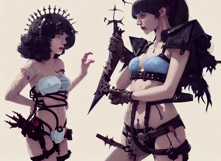 Image similar to portrait of two cute goth maiden girls with crown of thorns and white short hairs, dressed in belts bikini, warhammer, cyberpunk, by atey ghailan, by greg rutkowski, by greg tocchini, by james gilleard, by joe gb fenton, by kaethe butcher, dynamic lighting, gradient light blue, brown, blonde cream and white color in scheme, grunge aesthetic