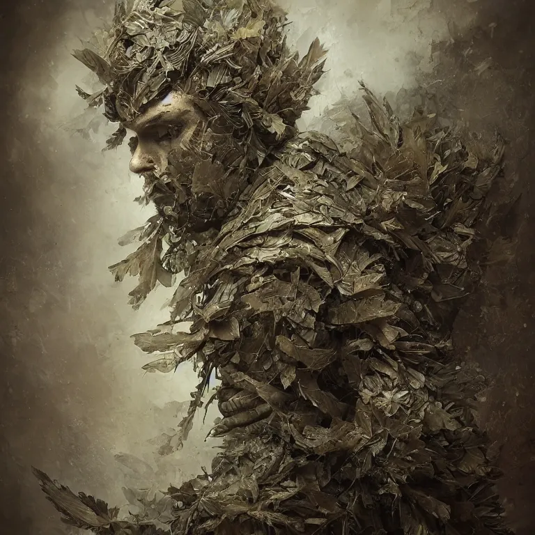 Image similar to dusted tintype portrait of realistic armour made of leaves, seen from behind dramatic light, dystopian environment, intricate, elegant, highly detailed, centered headdress, artstation, sharp focus, artgerm, tomasz alen kopera, peter mohrbacher, donato giancola, joseph christian leyendecker, wlop, boris vallejo, frank frazetta