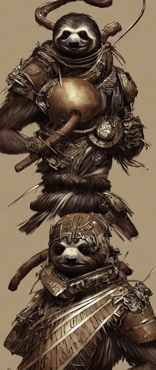 Image similar to graphic, hyperreal illustration of anthropomorphic sloth in traditional samurai armor : : digital art, concept art, character development : : illustrated by artgerm, yoji shinkawa, scott buoncristiano, nychos