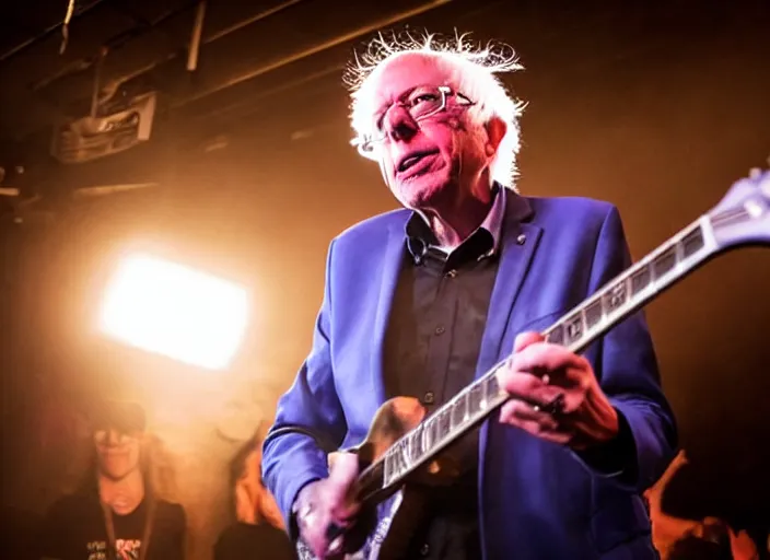 Image similar to publicity photo still of bernie sanders in a punk band playing live on stage, 8 k, live concert lighting, mid shot