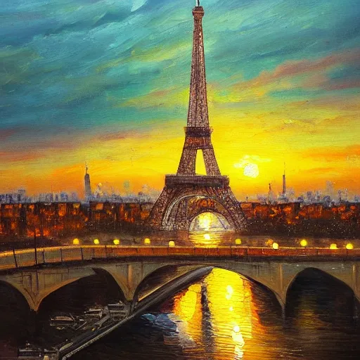 Prompt: the Eiffel Tower at sunset, trending on art-station, oil painting, busy