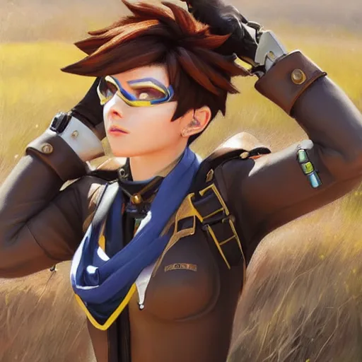 Image similar to oil painting of tracer overwatch in a field wearing very large black leather belt choker collar around neck, in style of mark arian, expressive face, very detailed face, very detailed eyes, belt around neck, full body, feminine face, tracer overwatch,