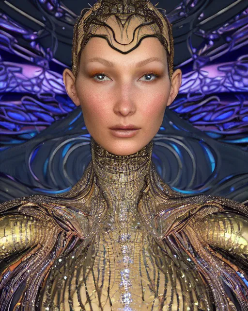 Image similar to a highly detailed metahuman 4 k close up render of an alien goddess bella hadid as alien in iris van herpen dress schiaparelli in diamonds crystals swarovski and jewelry in style of alphonse mucha gustav klimt trending on artstation made in unreal engine 4