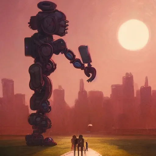 Prompt: digital painting of child playing with a huge humanoid robot in a park, sunset, a dark dystopian city behind a huge wall, dystopian, stunning, cinematic lighting, concept art by greg rutkowski and simon stalenhag and wlop, artstation