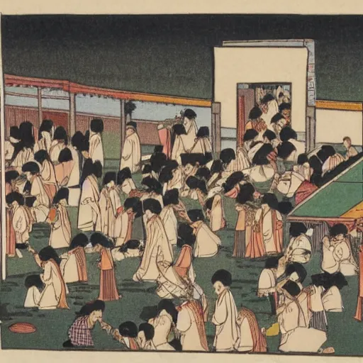 Prompt: late meiji period, colored woodblock print, muslims performing hajj