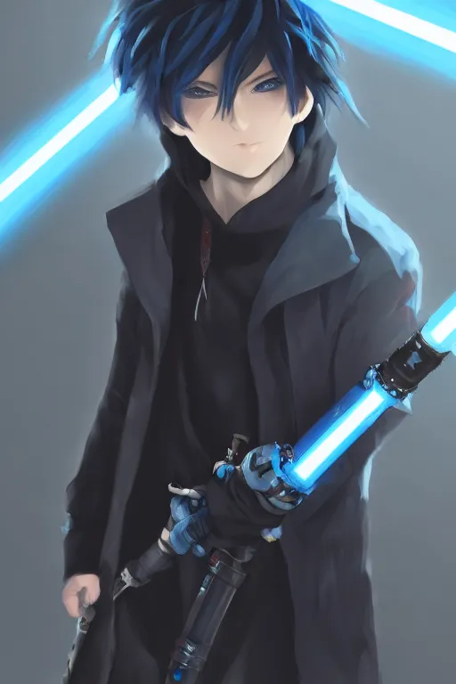 Image similar to anime boy with messy blue hair wearing black long jacket, holding a dual blade lightsaber, WLOP, concept art, digital painting, trending on artstation, highly detailed, epic composition, 8k UHD