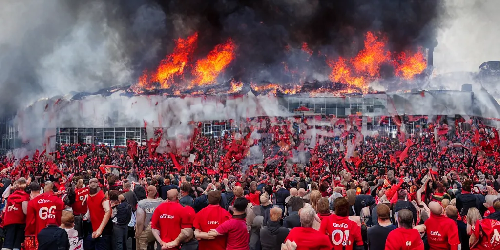 Prompt: old trafford theatre of dreams on fire during protest against the glazers, # glazersout, chaos, protest, banners, placards, burning, pure evil, 8 k, by stephen king, wide angle lens, 1 6 - 3 5 mm, symmetry, cinematic lighting