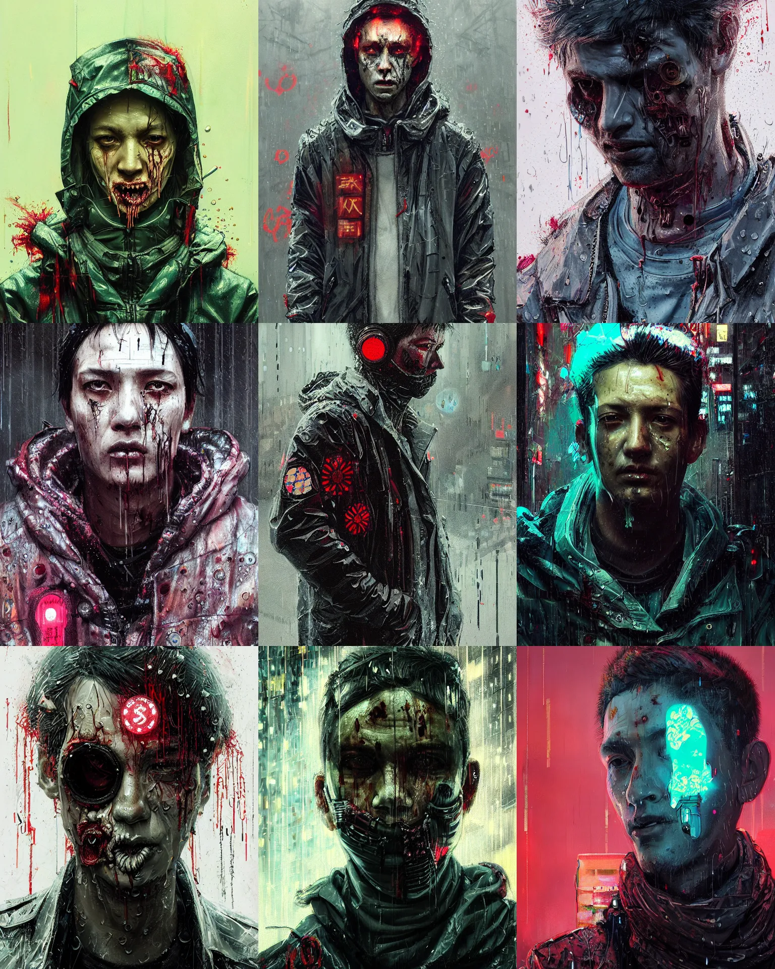 Image similar to detailed portrait, corrupt, virus, zombie, rain, cyberpunk futuristic neon, reflective puffy coat, decorated with traditional japanese ornaments by ismail inceoglu dragan bibin hans thoma greg rutkowski alexandros pyromallis nekro rene maritte illustrated, perfect face, fine details, realistic shaded, fine - face, pretty face