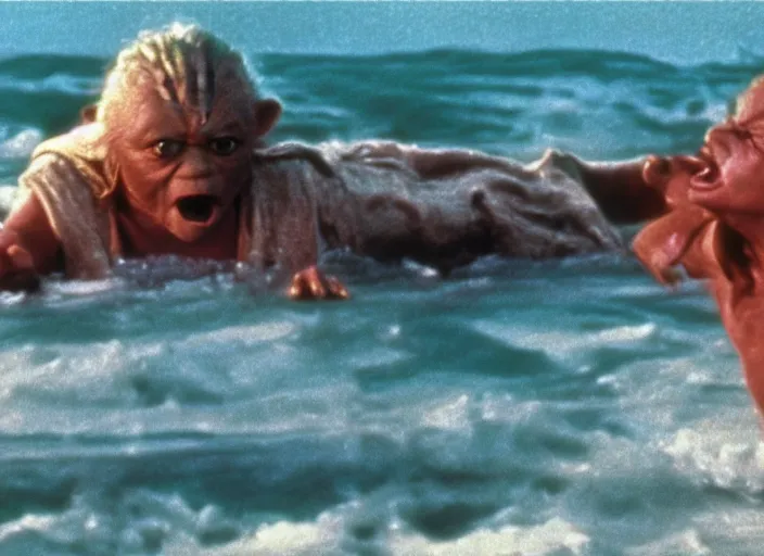 Prompt: a film still of yoda in baywatch 1 9 8 9