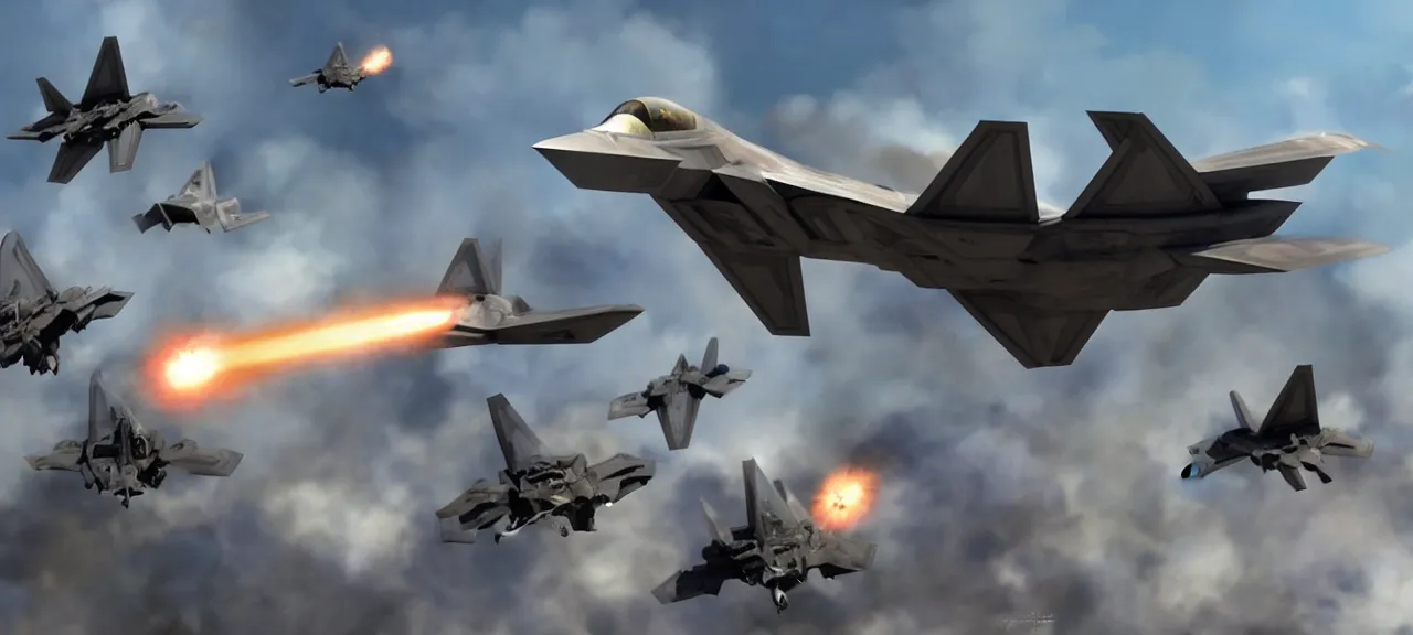 Prompt: F-22 Raptor destroying an army of minions Explosions Death Dismemberment USA War Minions In the style of Craig Mullins