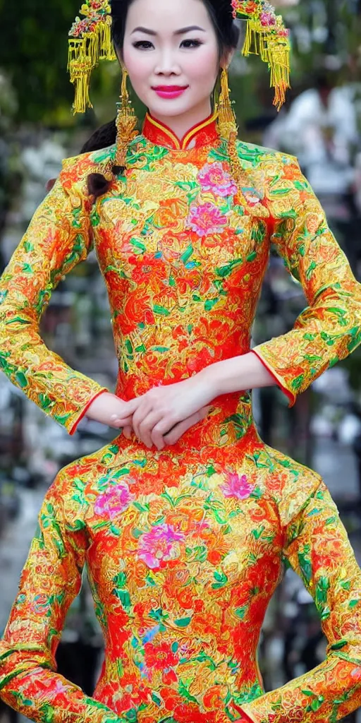 Image similar to beautiful vietnamese woman wearing vietnamese ao dai, intricate, detailed, symmetric face