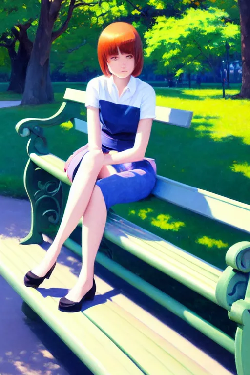 Image similar to A ultradetailed beautiful panting of a stylish girl siting on a park bench, bright sunny day, Oil painting, by Ilya Kuvshinov, Greg Rutkowski and Makoto Shinkai