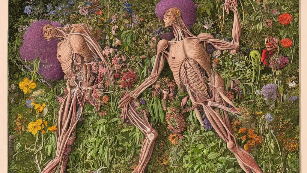 Image similar to highly detailed illustration of a single human anatomy body surrounded by all the known species of plants and flowers by juan gatti, by moebius!, by leonardo da vinci!!, by oliver vernon