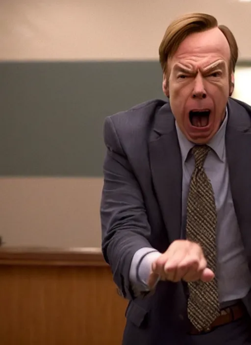 Image similar to screencap from better call saul episode, 'chuck mcgill'!! screaming, testifying on witness stand, plugging his nose, green stink fumes coming from rear, people running