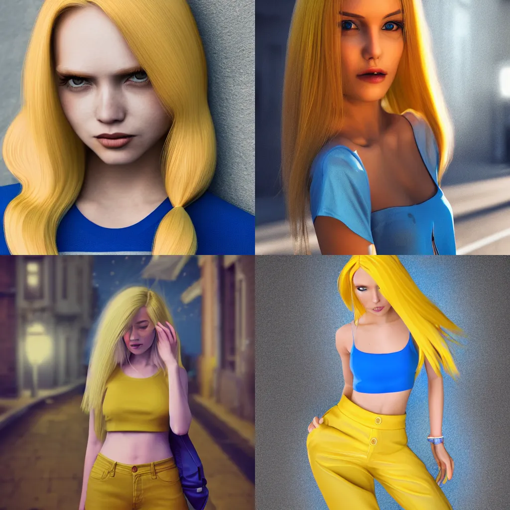 Prompt: woman with long yellow hair wearing a blue crop top on a night street, digital art, trending on artstation, photorealism, octane render, by artgerm, nighttime, beautiful face