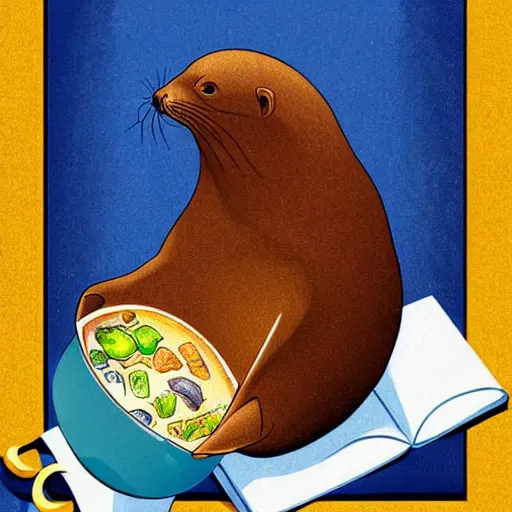 Prompt: illustration for a story that reads : sleek sea lions are known to be good cooks, frying up fish and making tasty soups. but before they can start to cook, they have to find a good cookbook., colorful, fantasy, pixar, childrens book cover, high detail illustration, sharp high detail, manga and anime ( 0 ) - s 5 0