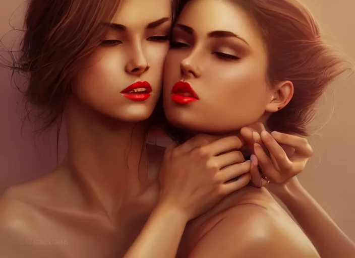 Image similar to woman love woman, sweet hugs, gold trim, atmoshperic, elegant, sharp focus, sand sea, red sun, huge lips, by 3 8 0 light & color female reference pictures, trending on artstation, intricate details