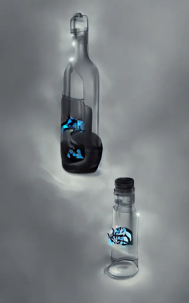 Prompt: the north face transparent bottle, round bottle, black top, filled with luminous white liquid, concept art, matte, sharp focus, illustration, art by aenaluck, artgerm, modern