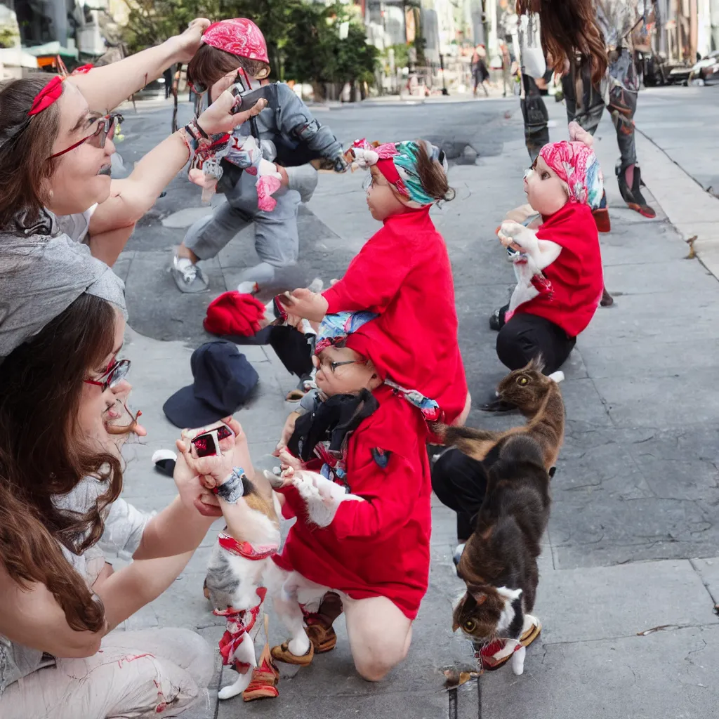 Prompt: woman with glasses wearing bandana on head, taking a photograph of a red-haried toddler pointing at a Calico cat on the sidewalk